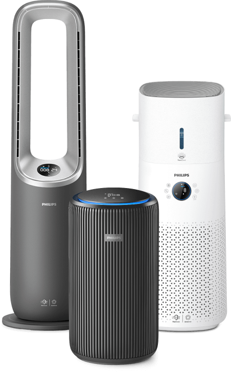 Conjunto de purificadores de aire Philips uno al lado del otro