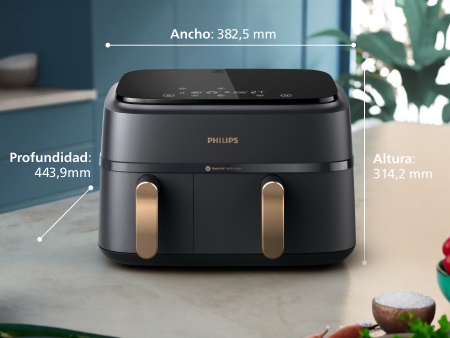 Cesta doble de Philips sobre la encimera con todas las dimensiones descritas: 38,25 x 31,42 x 44,39 cm (An. x Pr. x Al.)